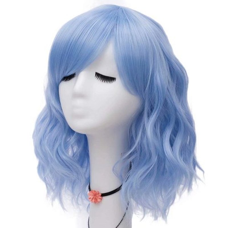 NiceLisa Women 16 Inches Loose Wave Medium Length Light Blue Cosplay Costume Wigs Side Bangs