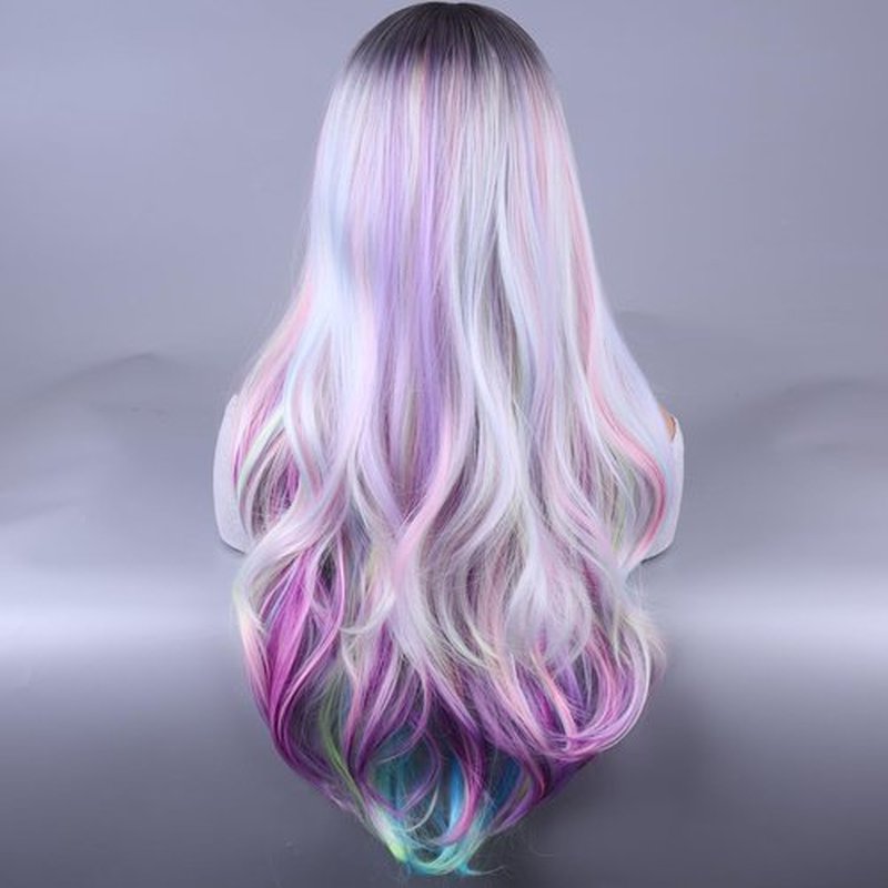 MAGQOO Rainbow Wig for Women Ombre Rainbow Wig Long Curly Wavy Multicolor Colorful Wigs Dark Roots Two Tones Synthetic Heat Resistant