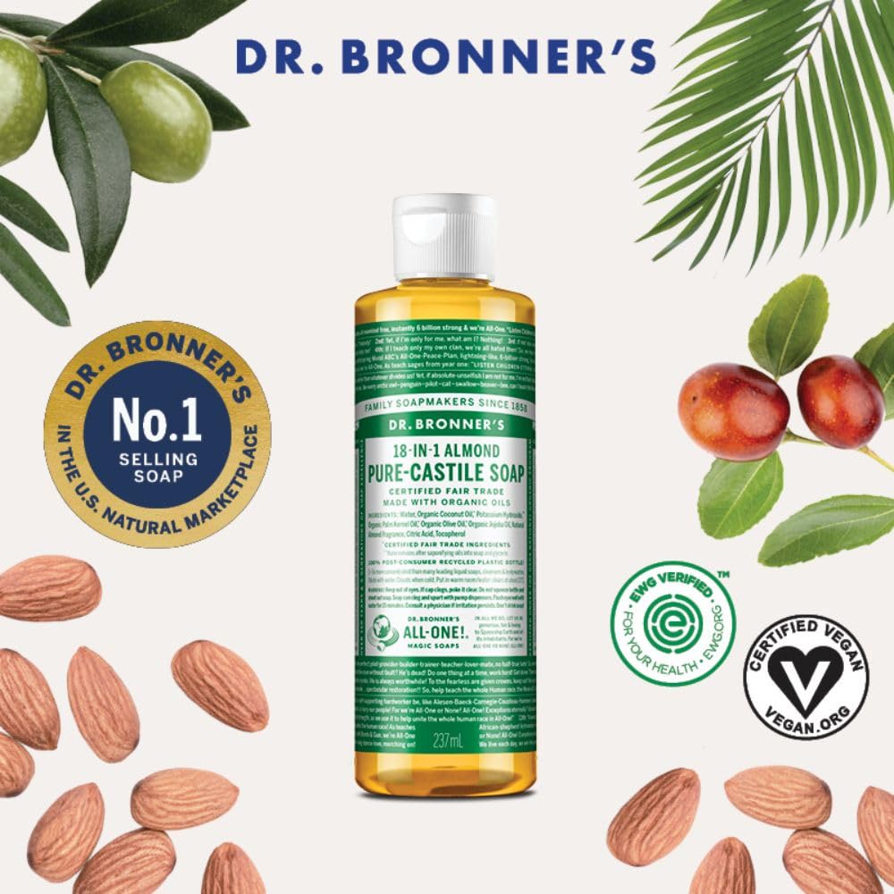 Dr. Bronner's - Pure-Castile Liquid Soap (Almond, 32 ounce) - Made with Organic Oils, 18-in-1 Uses: Face, Body, Hair, Laundry, Pets and Dishes, Concentrated, Vegan, Non-GMO