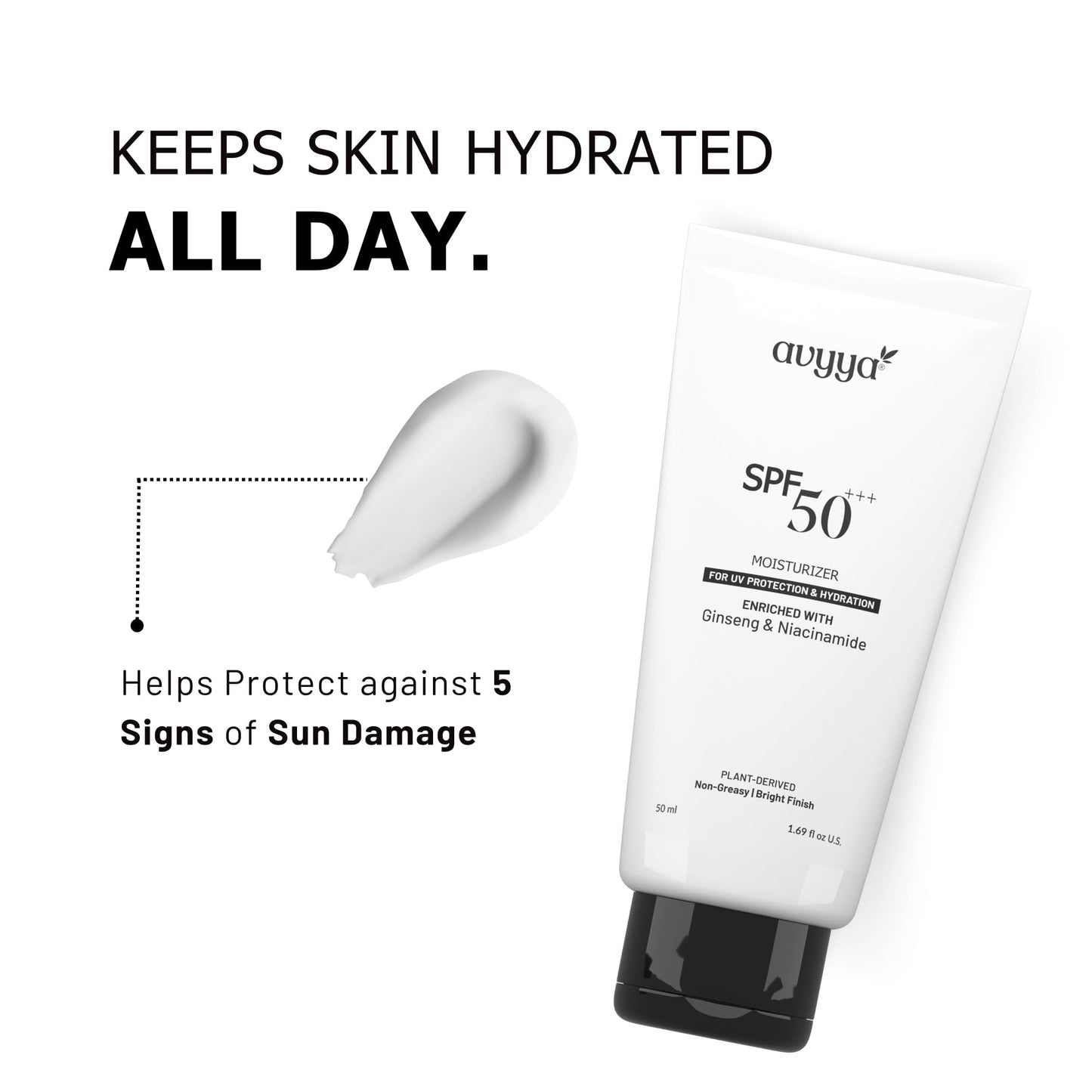 Avyya SPF 50+++ Moisturizer with Ginseng and Niacinamide for UV Protection and Hydration | Lightweight, Non-Greasy, No White Cast, Bright Finish (1.01 Fl Oz)