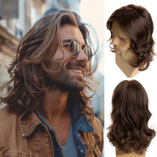 Baruisi Long Brown Wigs for Men Synthetic Layered Wavy Cosplay Party Wig