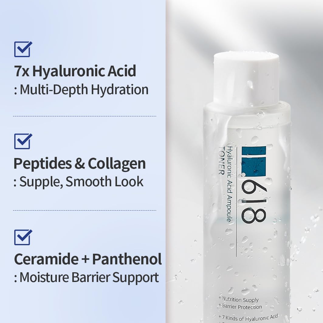 1.618 Hyaluronic Acid Ampoule Toner 6.7 Fl oz, Deep Hydration Toner, Sebum Control, Moisturization, Panthenol, Collagen Complex, Korean Skincare Beauty Face Toner for All Skin Types