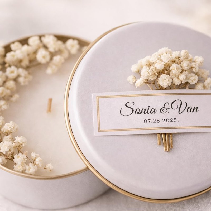 Personalized Soy Wax Candle Favors - Dried Flowers | White Tin Guest Gifts for Weddings & Showers (10-200 Count)