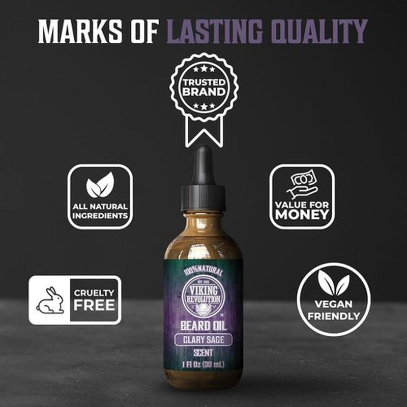 Viking Revolution Beard Oil with Clary Sage for Men - Natural Blend with Argan and Jojoba Oils for Softening, Strengthening, and Moisturizing