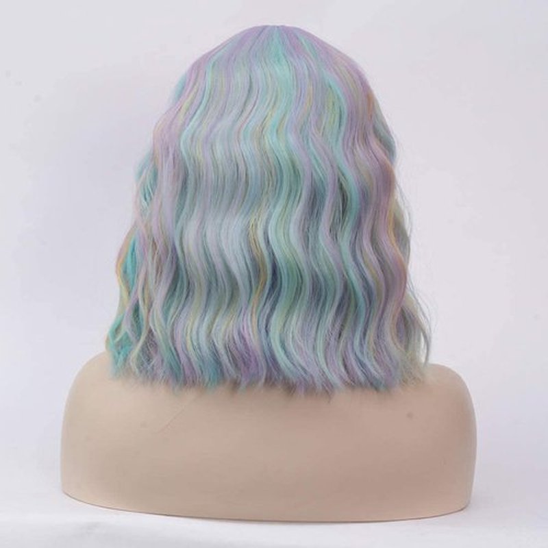 WGPFWIG Women's Multi Color Rainbow Wig Short Curly Wavy Wig Shoulder Length Flat Bangs Wig For Women Girl Cosplay Party Halloween Wig Cap Included (Multi Color Rainbow)