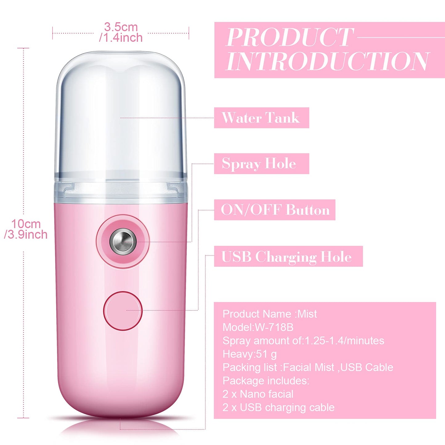 Honoson 2 Pack Nano Facial Mister Spray Bottle Handheld Humidifier Portable Face Mister for Eyelash Extensions USB Rechargeable 1 oz Mini Skin Care Machine for Daily Makeup(Black and Pink)
