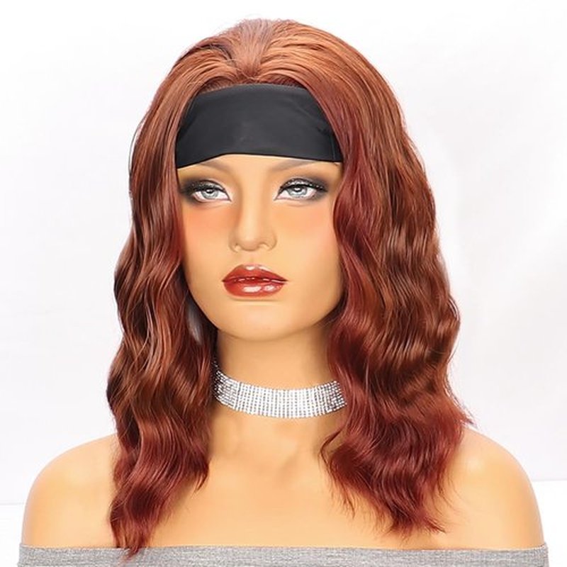 Gusif Auburn Brown Headband Wig Short Bob Wavy Wigs for Black Women Natural Hairline Bob Wig Glueless Shoulder Length Synthetic Wig (Auburn Brown)