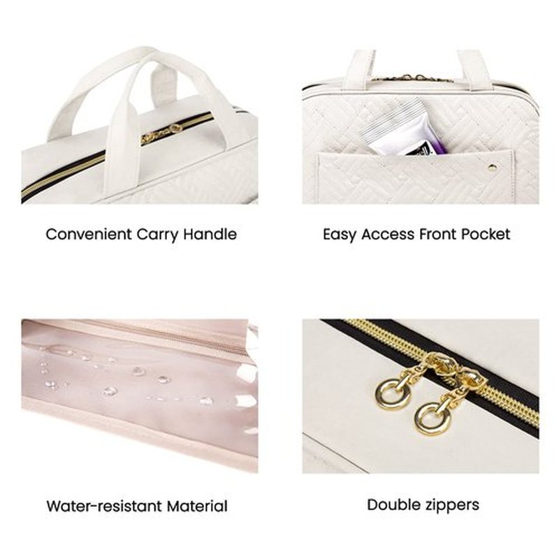 BAGSMART Toiletry Bag Travel Bag with Hanging Hook, Water-resistant Makeup Cosmetic Bag Travel Organizer for Accessories, Shampoo, Full Sized Container, Toiletries (Beige, Large)