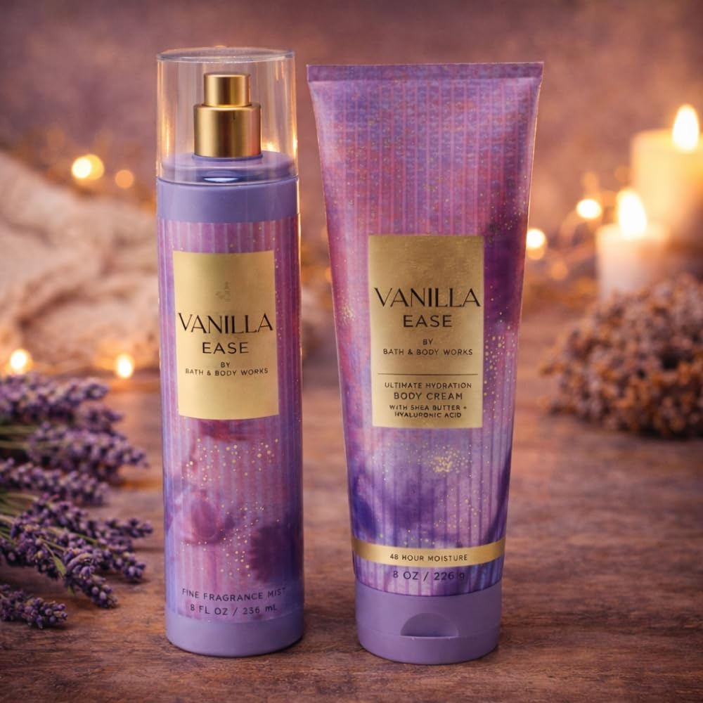 Bath & Body Works VANILLA EASE Fine Fragrance Mist & Ultimate Hydration Body Cream 2-piece Gift Set with a Purple Bow for Gifts & Holidays – Full Size