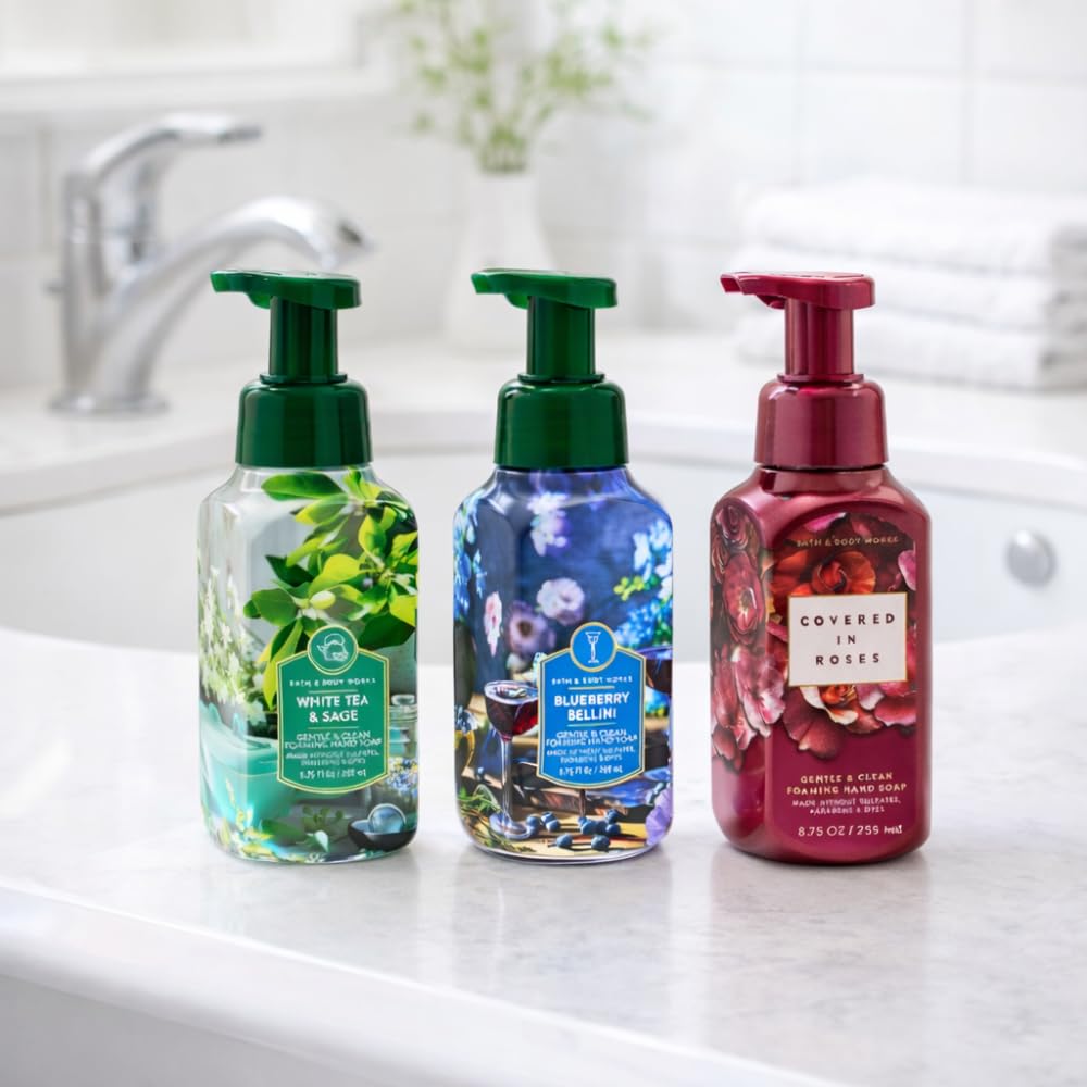 Bath & Body Works Gentle & Clean Foaming Hand Soap – WHITE TEA & SAGE, BLUEBERRY BELLINI, COVERED IN ROSES 3pc bundle – 8.75 fl oz each – Fresh Fruity & Floral Scents - 2026 LIMITED EDITION