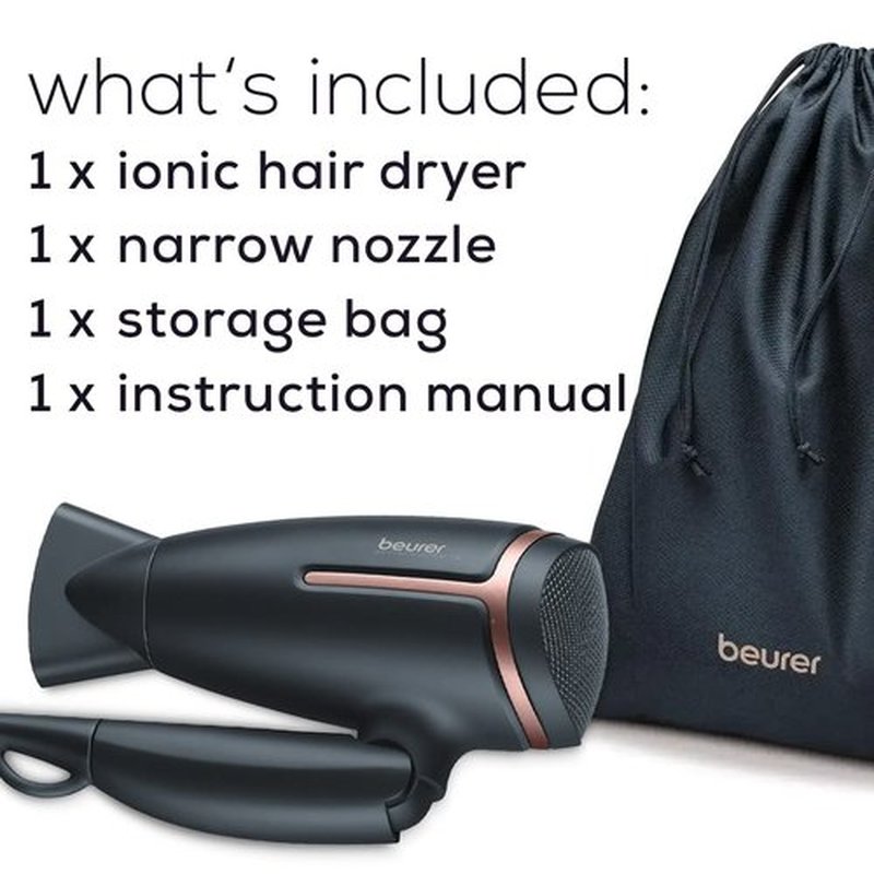 Beurer HC25 Ionic Hair Dryer for Travel with Voltage Switch 1600W Anti Frizz Blow Dryer, Foldable Handle, Lightweight Styler, Nozzle Attachment, Black and Rose Gold