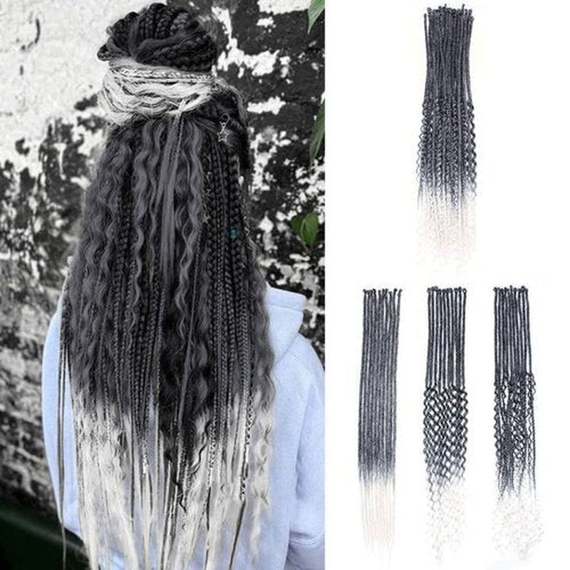 Quiduis 30 Inch 30 Strands SE Dreadlock Extensions Full Sets,3 In 1 Mixed Synthetic Dreads Extensions,Gray to White Curly&Straight&Boho Single Ended Dreads Extensions Hippie Style Dreadlock for Women