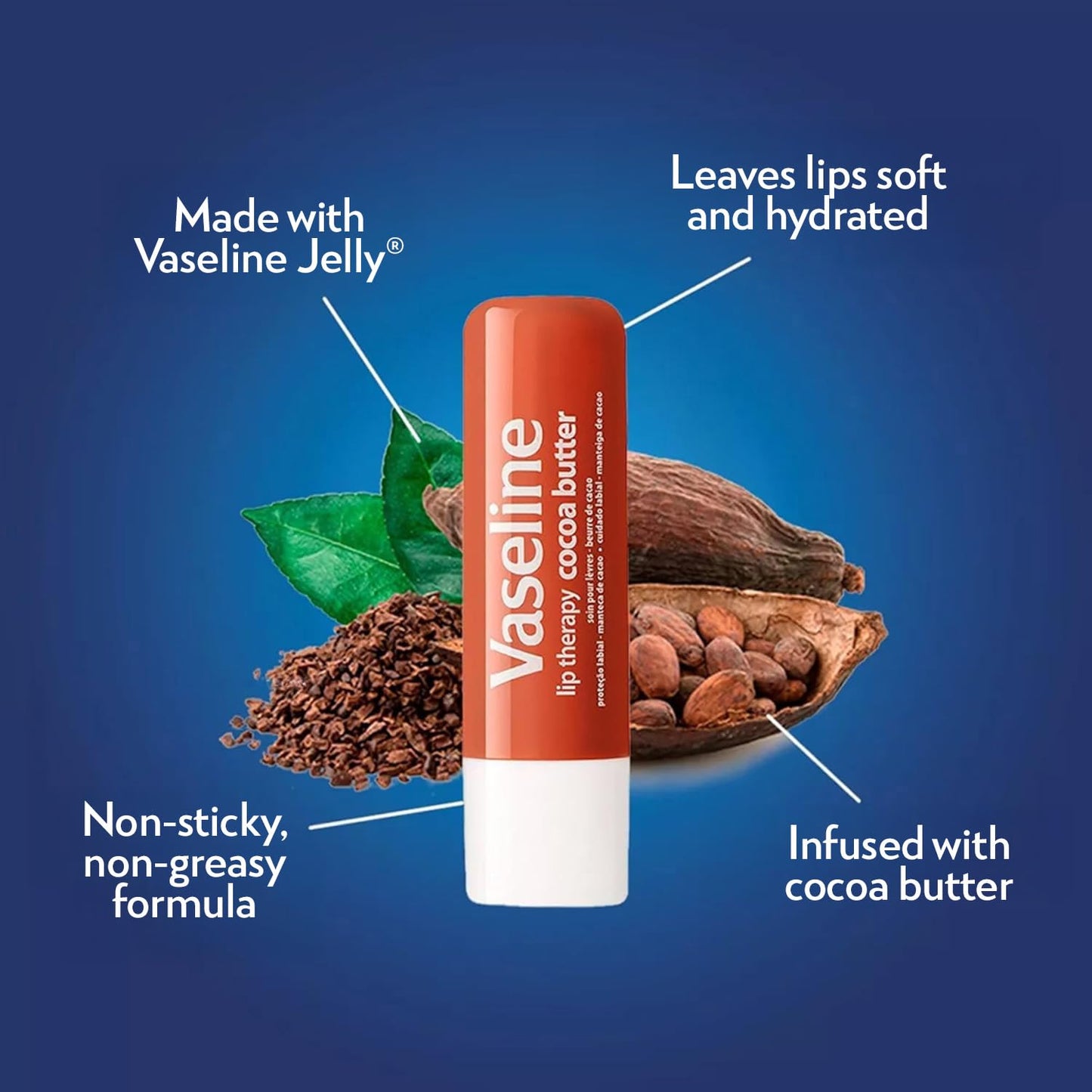 Vaseline Lip Therapy Cocoa Butter, Fast-Acting Nourishment, Ideal for Chapped, Dry, or Cracked Lips, Lip Balm Stick, 0.16 Oz (Pack of 4)