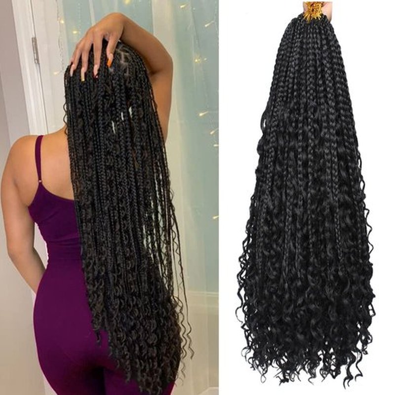 COOKOO 30 Inch Boho Box Braids 8 Packs Goddess Box Braids Crochet Hair Hippie Braiding Hair With Curly Ends Pre-looped Synthetic Crochet Hair for Black Women 1B#