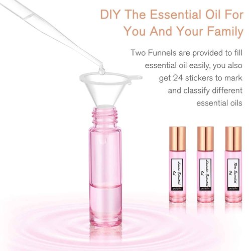 PrettyCare 10 ml Roller Bottles for Essential Oils (Rose Glass, 24 Pack, 4 Extra Roller Balls, 48 Labels, Opener, 2 Funnels, 2 Droppers Essential Oil Roller Bottles for body oil perfume