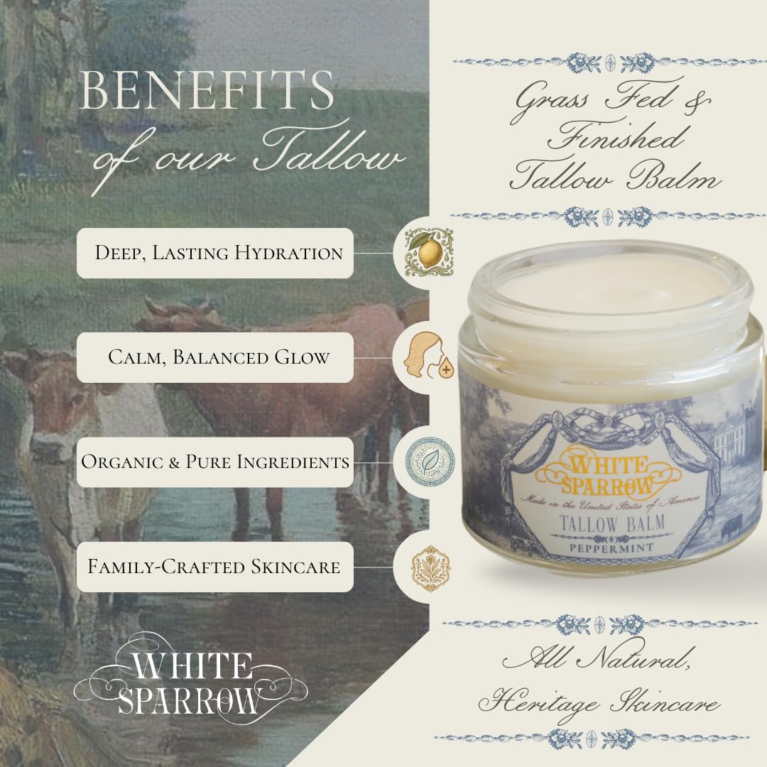 White Sparrow Farmacy Organic Grass Fed Tallow Balm - (Peppermint) Organic Tallow from Grass Fed Cows & All Organic Ingredients. For Face and Body. (2.0 oz)…