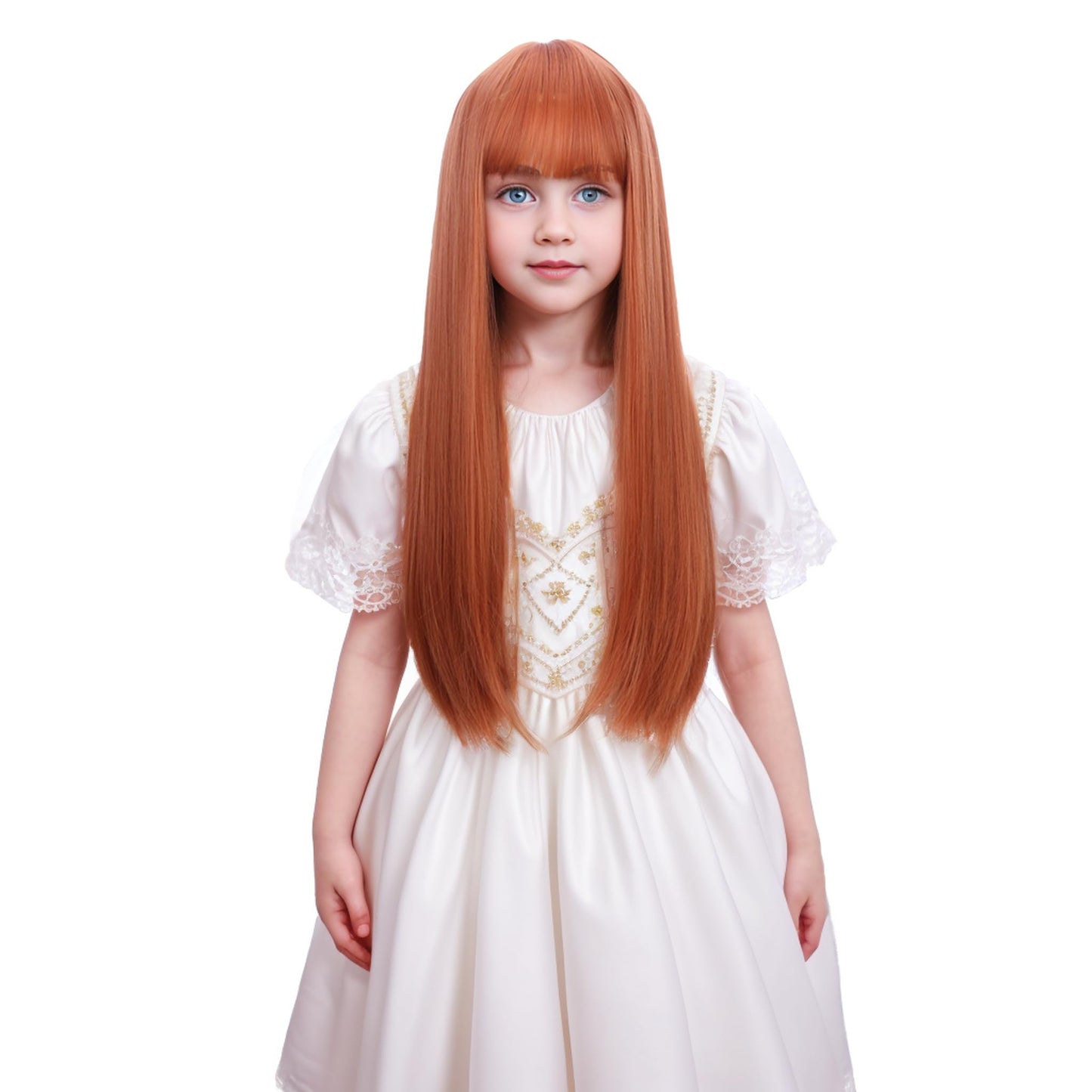 Ufindcos Auburn Wig with Bangs for Kids Long Dark Orange Wig Long Straight Child Wig 22 inches Ginger Wig for Girls Synthetic Wig with Wig Cap