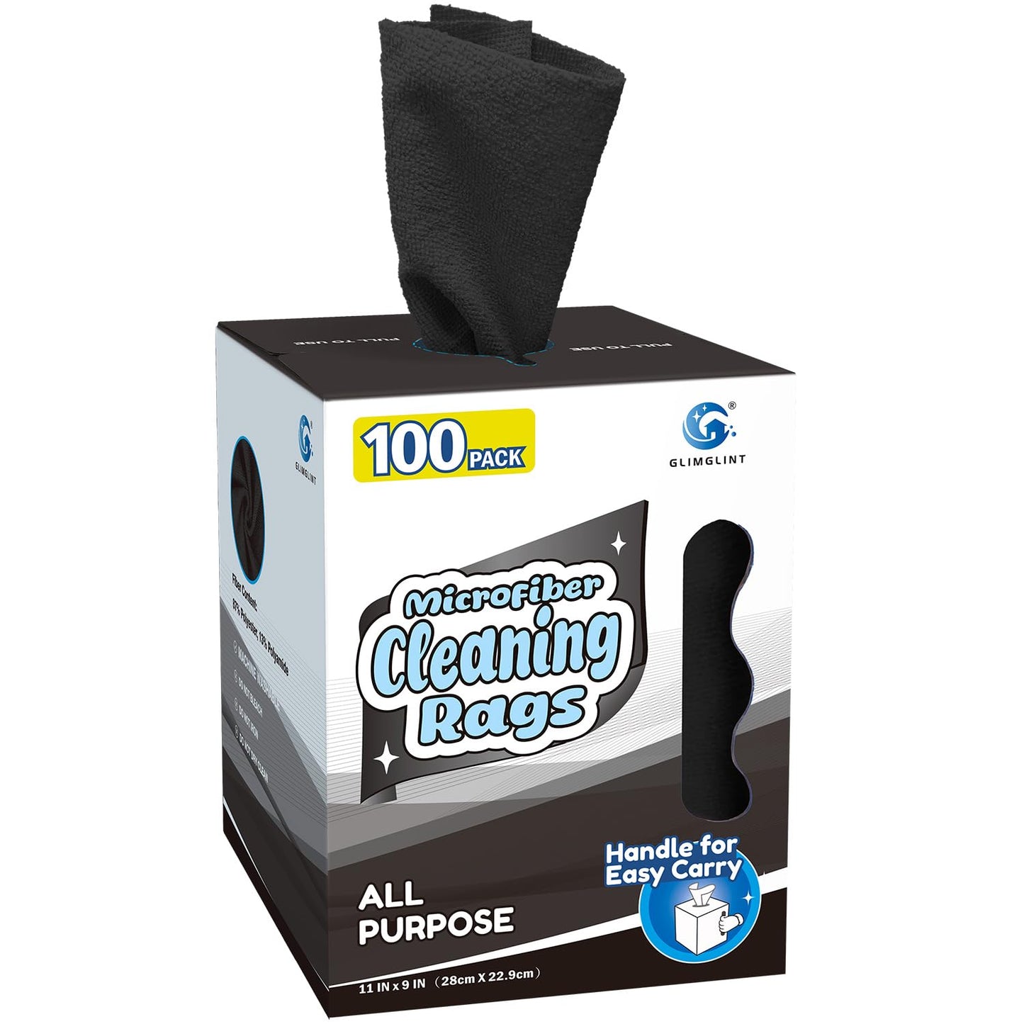GLIMGLINT Black Microfiber Cleaning Cloth, 100 Pack Cleaning Rags, Lint-Free, Ultra Absorbent Reusable Paper Towels for Home, Kitchen, Car, Garage or Shop, Dish Rags, 11" x 9"