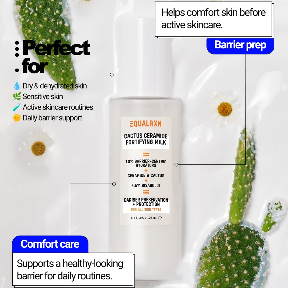 EqualRXN Cactus Ceramide Fortifying Milk - Hydrating & Moisturizing Milky Toner with Ceramide NP, 0.5% Bisabolol & 10% Barrier Hydrators, Alcohol-Free Toner for Sensitive, Dry & Dehydrated Skin