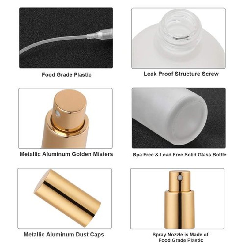 Glass Spray Bottle 3.4oz, Empty Frosted Perfume Atomizer, Fine Mist Spray,Gold Sprayer (2 PACK)