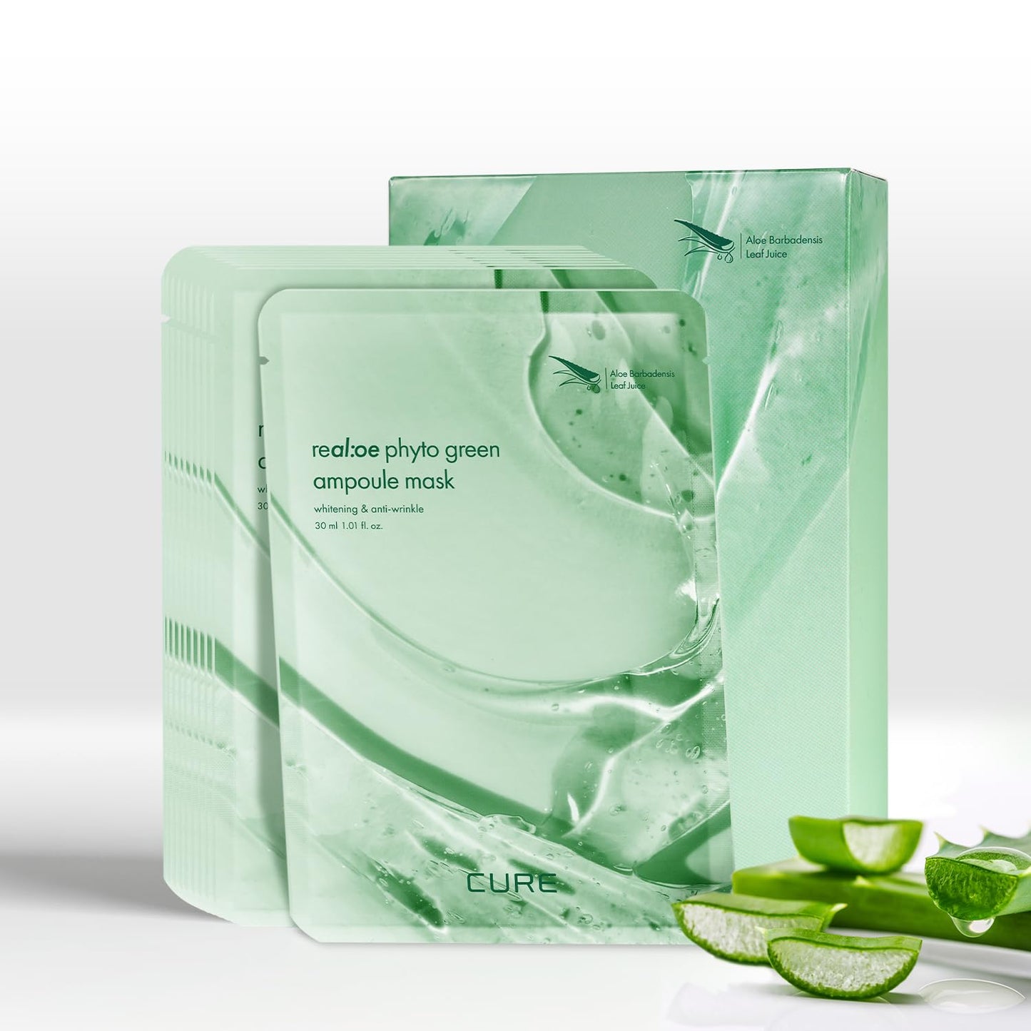 Cure Real:oe Phyto Green Ampoule Mask, 10 Sheets, Aloe Hydrogel Sheet Mask, Korean Skincare for Hydration (Pack of 1)