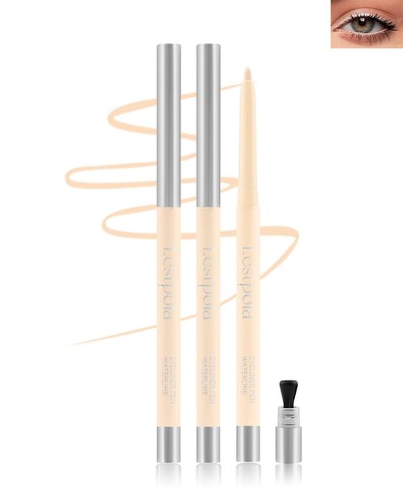 Nude Gel Waterline Eyeliner, Glides on Smooth Eyeliner Pencil, Matte Cream Soft Texture, Waterproof Smudge-Proof Long Wear Eyeliner, Retractable Beige Eye Liner Brightener Pen with Sharpener(2Pcs)