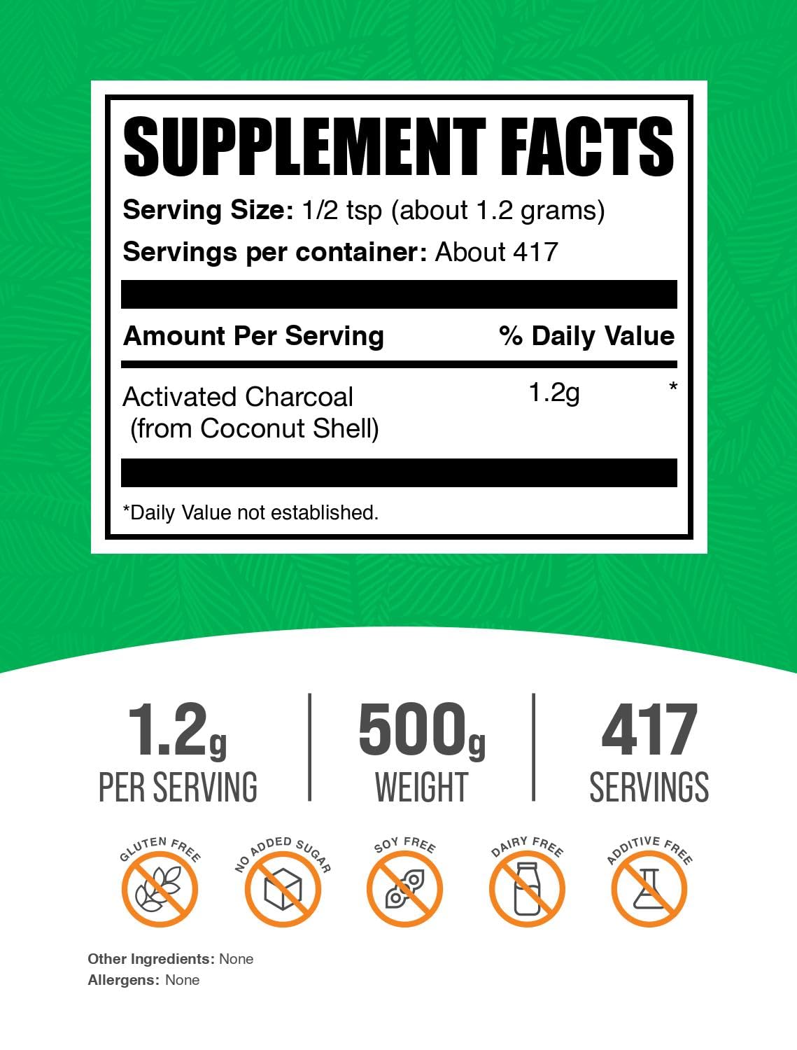 BulkSupplements.com Activated Charcoal Powder - from Coconut Charcoal, for Teeth Whitening - Vegan & Gluten Free, 1.2g per Serving, 500g (1.1 lbs) (Pack of 1)