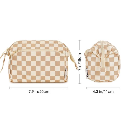 Narwey Large Checkered Makeup Bag Women Wide-open Make up Bag Travel Cosmetic Bag Organizer Toiletry Bag for Cosmetics Toiletries Accessories (Light Checkerboard)