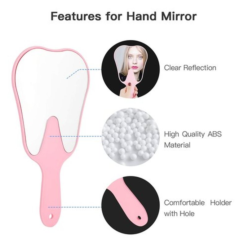 Annhua Tooth Shaped Mirror Hand Mirrors with Handle Pink, Face Mirrors Small Makeup Mirror Cute for Dental Clinic, Salon, Barber or Hairdressing - Plastic & Glass