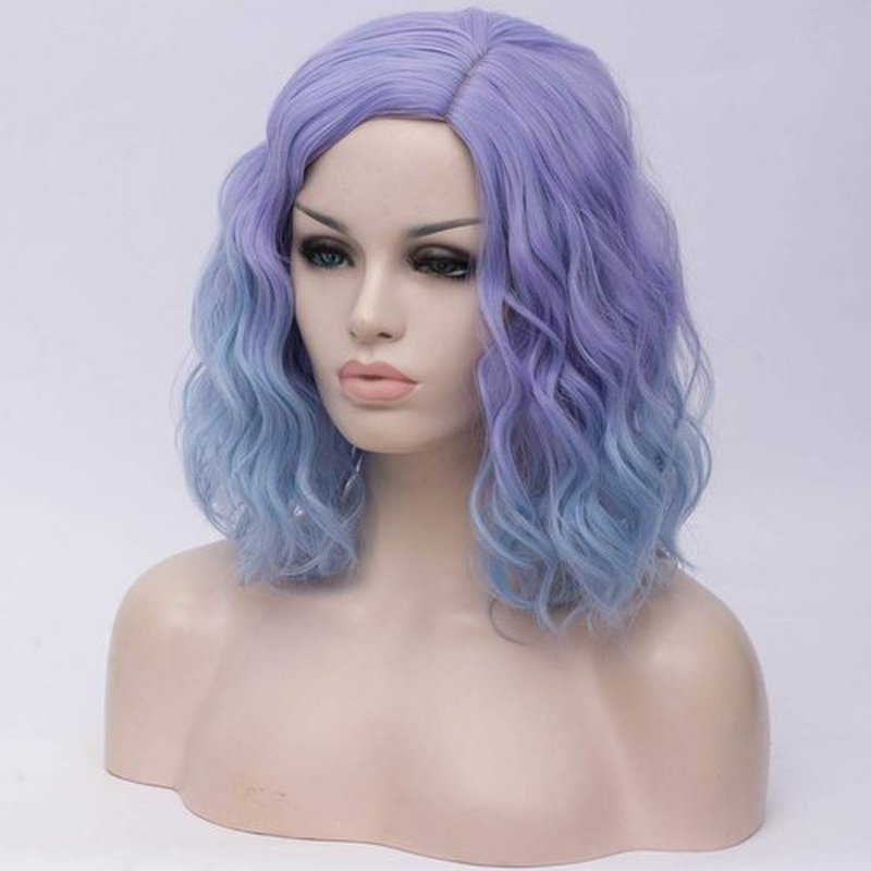 Cying Lin Short Bob Wavy Curly Wig Purple Ombre Light Blue Wig For Women Cosplay Halloween Wigs Heat Resistant Bob Party Wig Include Wig Cap (Purple Ombre Light Blue)