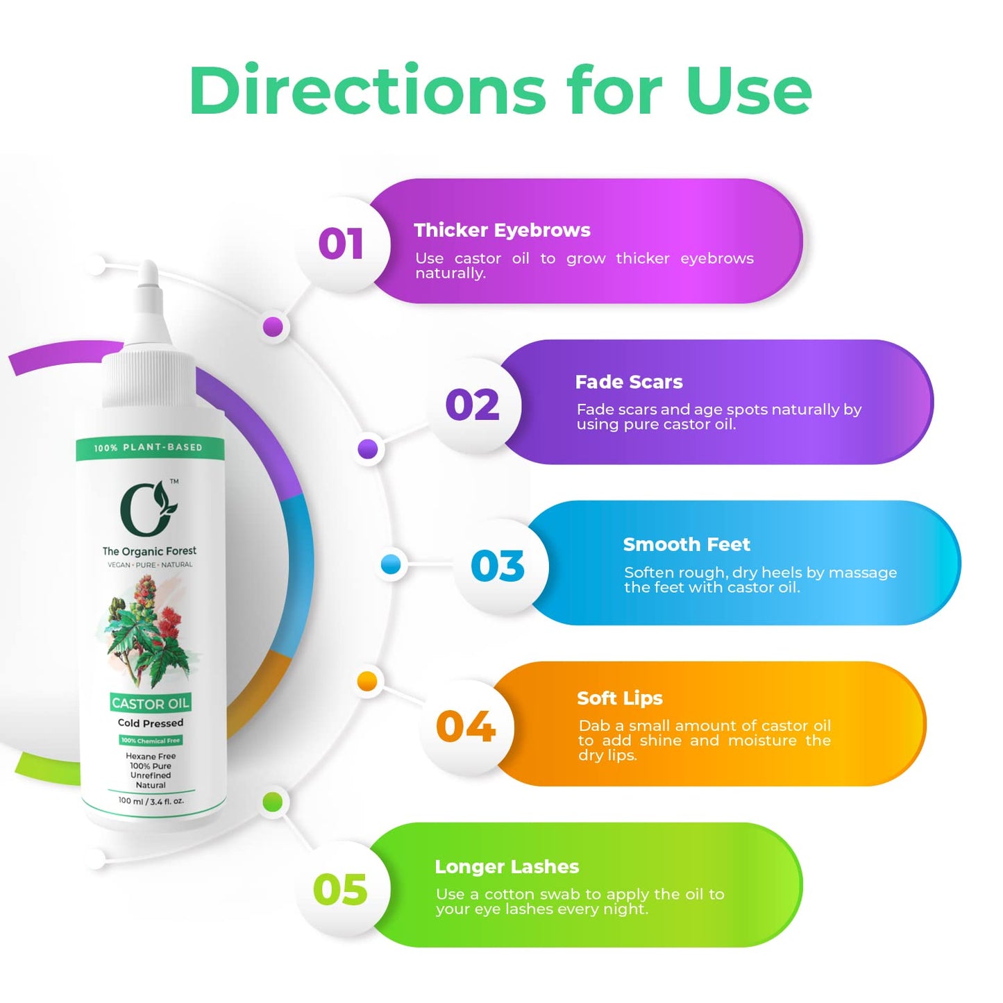 Organic Cold Pressed Castor Oil for Hair, Skin, Eyelashes, Eyebrows - 100% Pure, Hexane-Free, Natural Face Oil for Skin and Hair nourishment - Best Castor Oil for Eyelash and Eyebrow enhancement