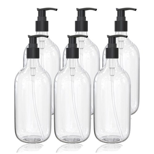 10 Ounce Clear Plastic Pump Bottle Dispenser, Refillable Empty Bottle Container with Pump for Essential Oil Soap Lotion Shampoo, 6 Pcs