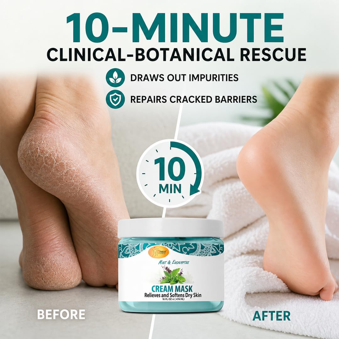 SPA REDI Foot & Body Cream Mask – Mint & Eucalyptus Cooling Treatment for Cracked Heels & Dry Skin | Hyaluronic Acid, Paraben-Free, Sulfate-Free | Professional Salon & At-Home Spa Use | 16 oz