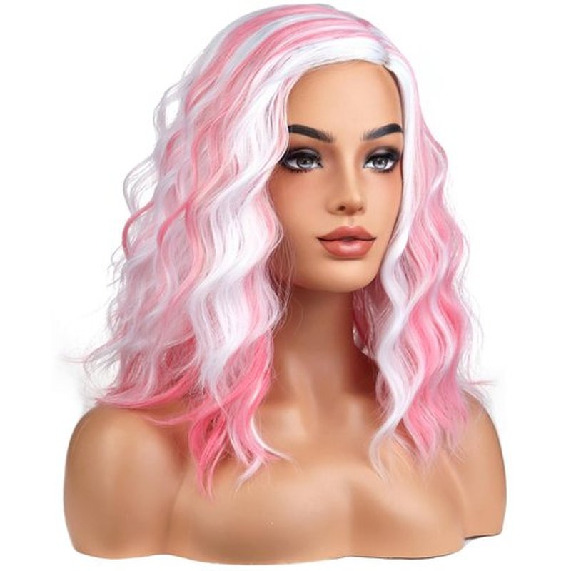 BERON ERON White and Pink Wigs for Women Short Curly Wavy Hair Wig Girls Mixed Highlights Color Synthetic Costume Cosplay or Used Wig