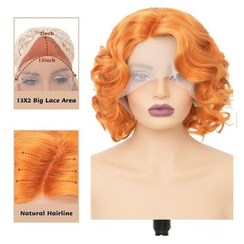 Siudus Orange Lace Front Wigs for Women Short Curly Side Part Finger Wave Synthetic Hair Wig Halloween Costume Wigs