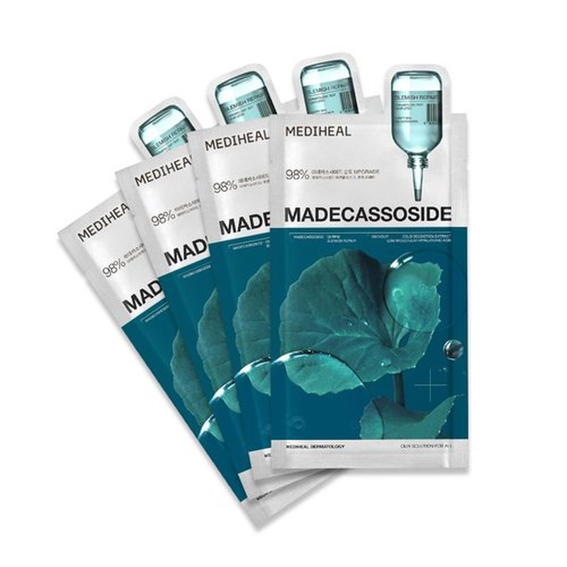 Mediheal Madecassoside Essential Sheet Mask Blemish Repair 4 pcs. 98% Purity Madecassoside & Hyaluronic Acid Included. Enhancing Moisture Barrier & Skin Texture Care. Vegan Formula Sheet Mask