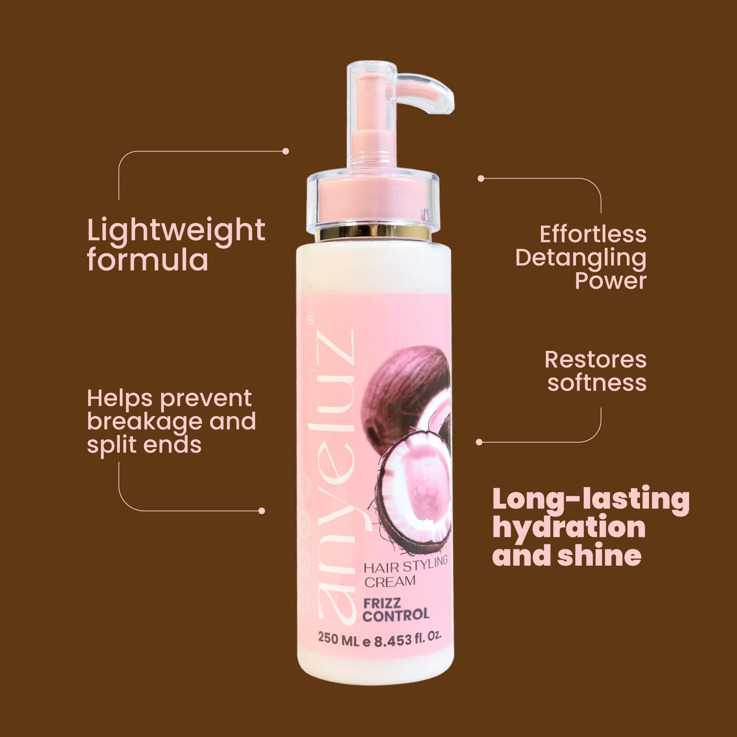 ANYELUZ Daily Leave-In Conditioner Cream, Coconut & Argan Oil Formula, Frizz Control Moisturizer, Strengthening Detangler, Hydrating Hair Treatment for Curly, Dry, or Color-Treated Hair