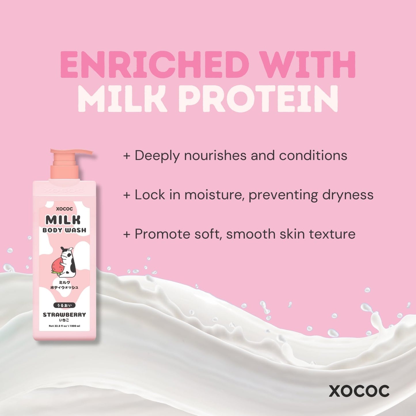XOCOC Strawberry Milk Body Wash, 33.8 fl oz, Moisturizing Body Cleanser with Milk Protein & Strawberry Scent, Creamy Lather for Soft Smooth Skin, All Skin Types, Paraben Free, 1 Liter