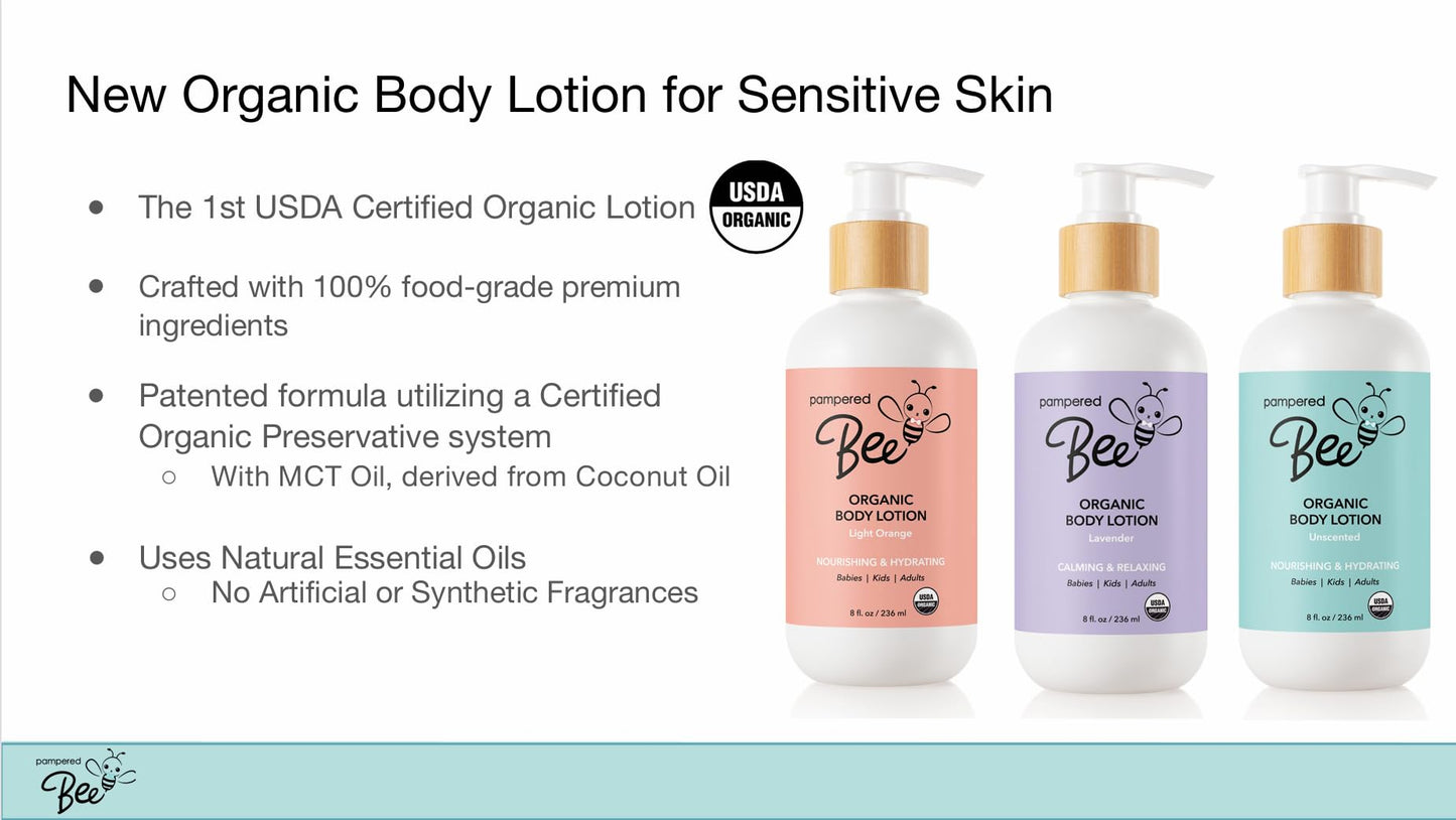 Pampered Bee - Organic Body Lotion (Light Orange) for Babies, Toddlers and Kids, With Capuaçu Seed Butter and Marshmallow Root - Moisturizing, Softening, Hydrating, 8 oz