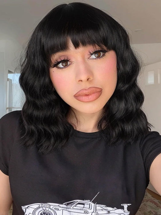 Fancy Hair Black Wavy Bob Wig for Black Women Short Wavy Wig with Bangs Glueless Wear and Go Synthetic Shoulder Length Bob for Girl Women Daily Party Use