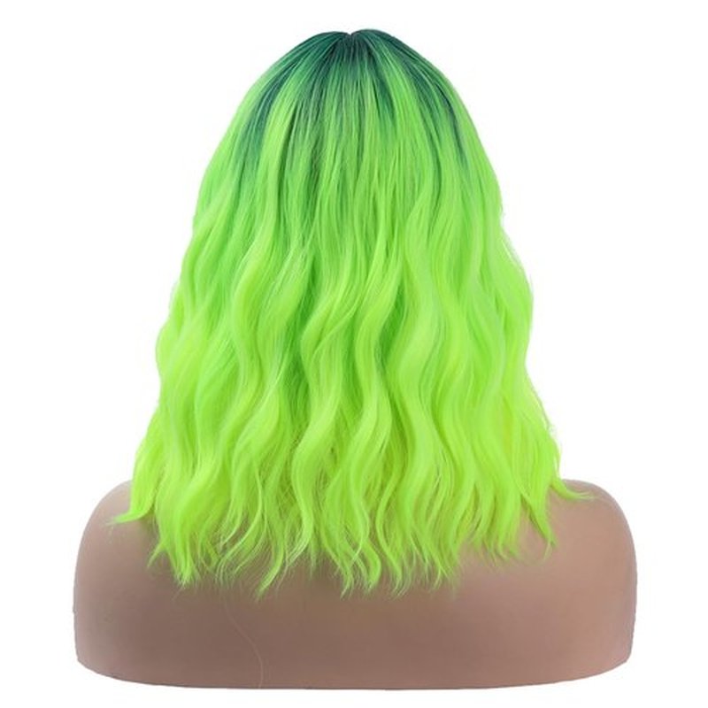 incohair 14inch Ombre Green Wigs for Women 14 Inches Short Wavy Fluorescent Green Wig With Bangs Fluorescent Green Short Wigs for Cosplay Party Daily Wigs Wig Cap Included