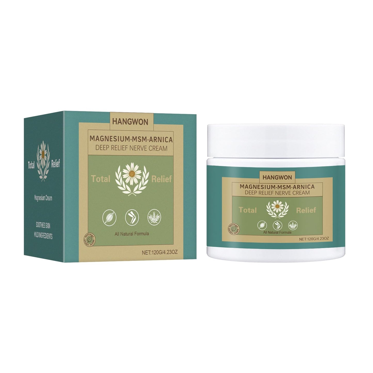 HANGWON Total Relief Magnesium Soothing Cream Advanced nerve Comfort with Arnica, Menthol, MSM,Fast-Absorbing for Relief Joint, Feet, Hands, Legs, Muscles, and Waist, Natural Ingredient -4floz/114g