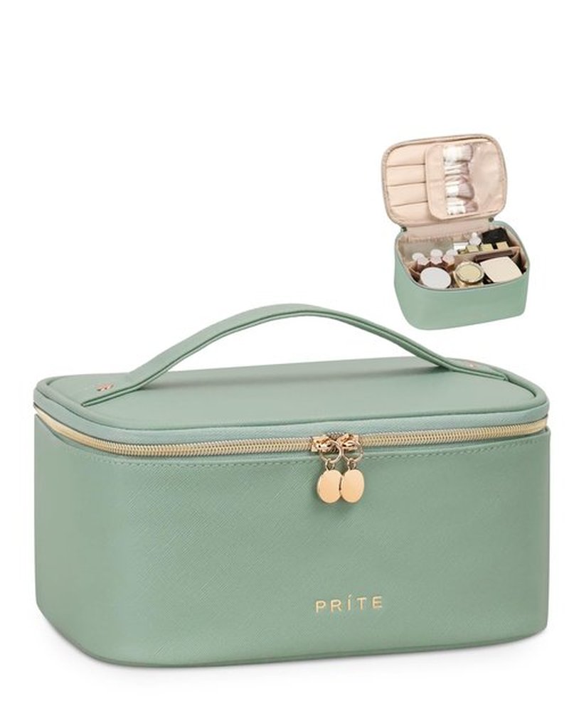 Prite Makeup Bag, Large Capacity Portable Travel Cosmetic Bag, Waterproof Makeup Organizer for Women with Handle and Divider(Green)
