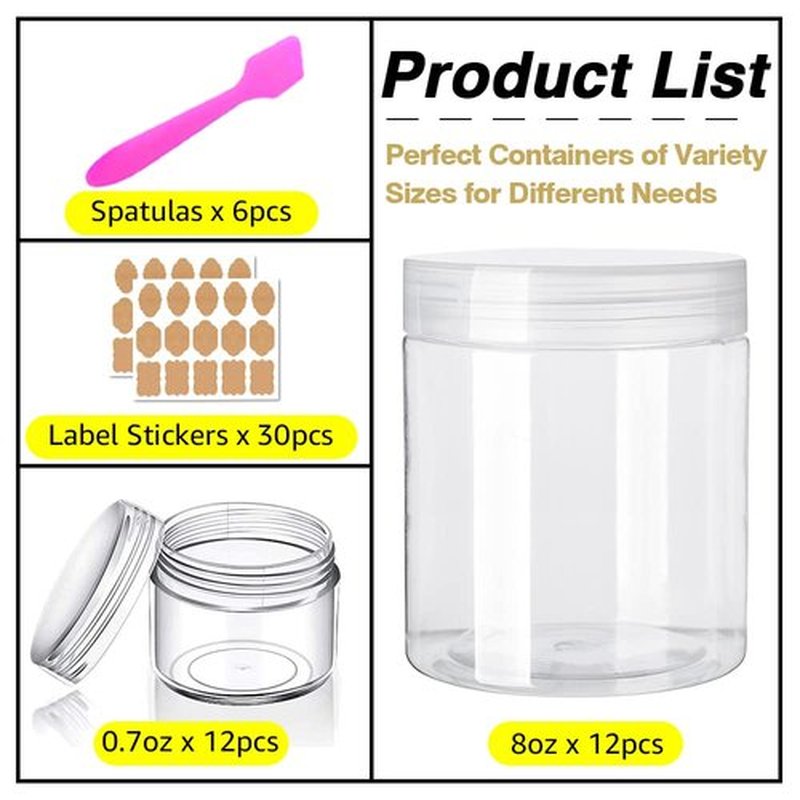 AMORIX 8oz Clear Plastic Jars with Lids 8 oz Plastic Containers with Lids + 20g Sample Containers (Set of 24) Airtight Container for Lip Scrub, Body Butters, Cream, Slime, Craft Storage