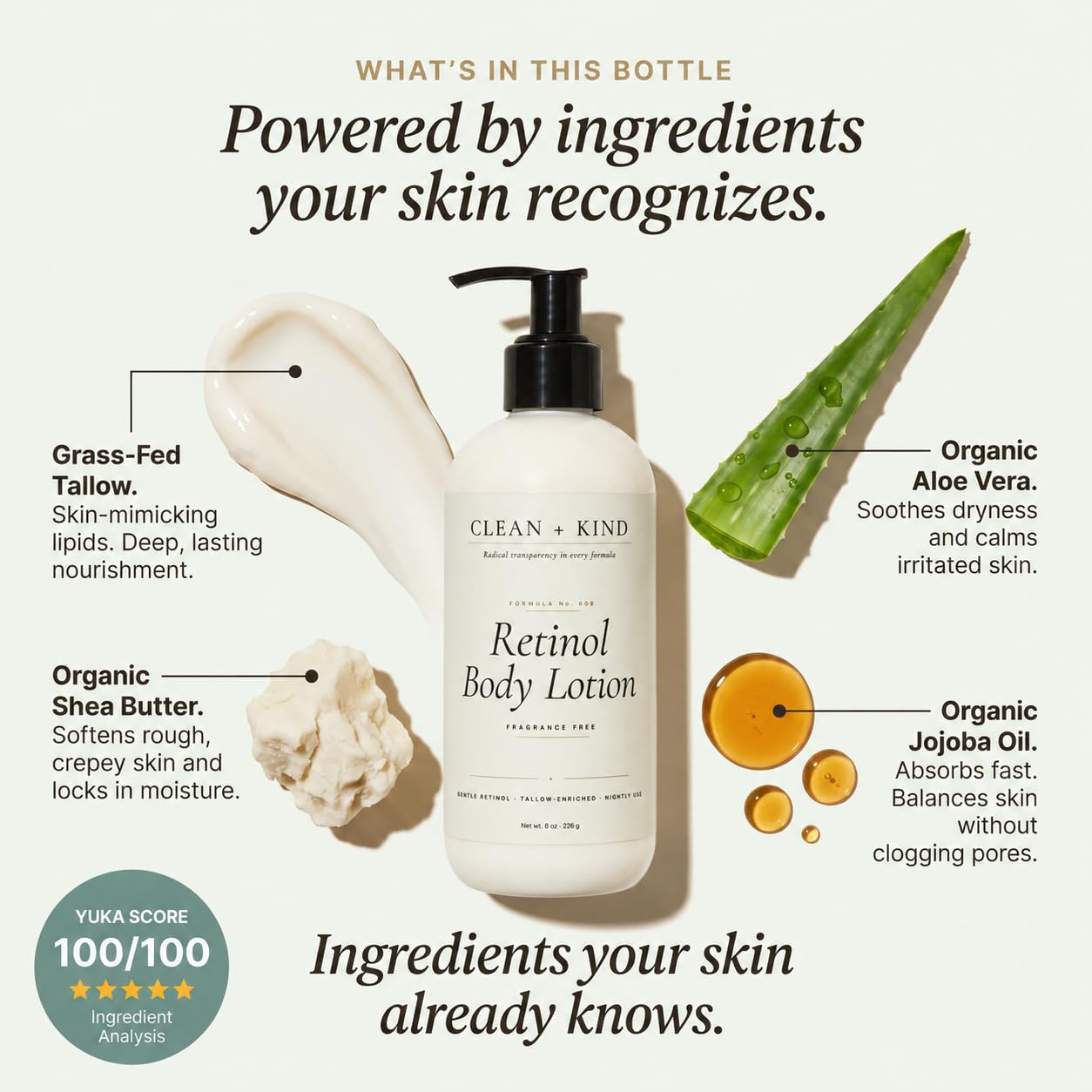 Clean + Kind Retinol Body Lotion with Tallow — Firming + Tightening Anti-Aging Cream for Crepey, Mature Skin, Hyaluronic Acid + Niacinamide — Fragrance-Free Moisturizer for Women, Made in USA, 8 oz