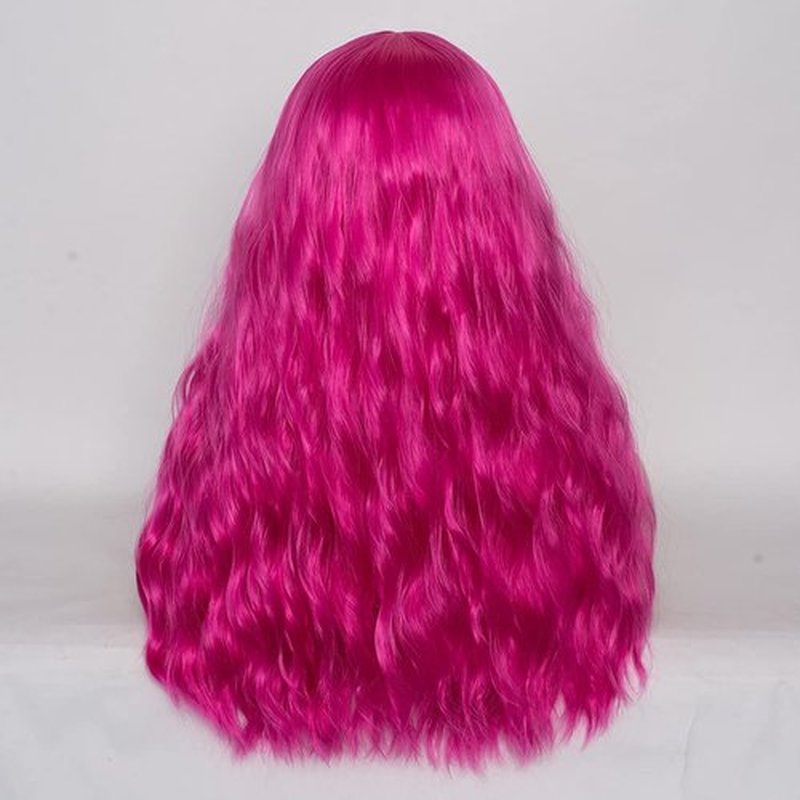 WGPFWIG Women's Hot Pink Wig 22''Long Curly Wavy Wig Shoulder Length Flat Bangs Wig For Women Girl Cosplay Party Halloween Wig Cap Included (22''Hot Pink)