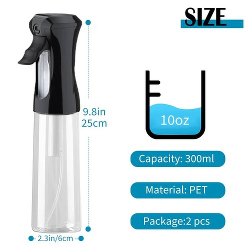 THINTON Continuous Spray Bottle for Hair (10oz/300ml) - 2 PCS Ultra Fine Mist Spray Bottle for Cleaning Hairstyling Garden Plants Continuous Spray Water