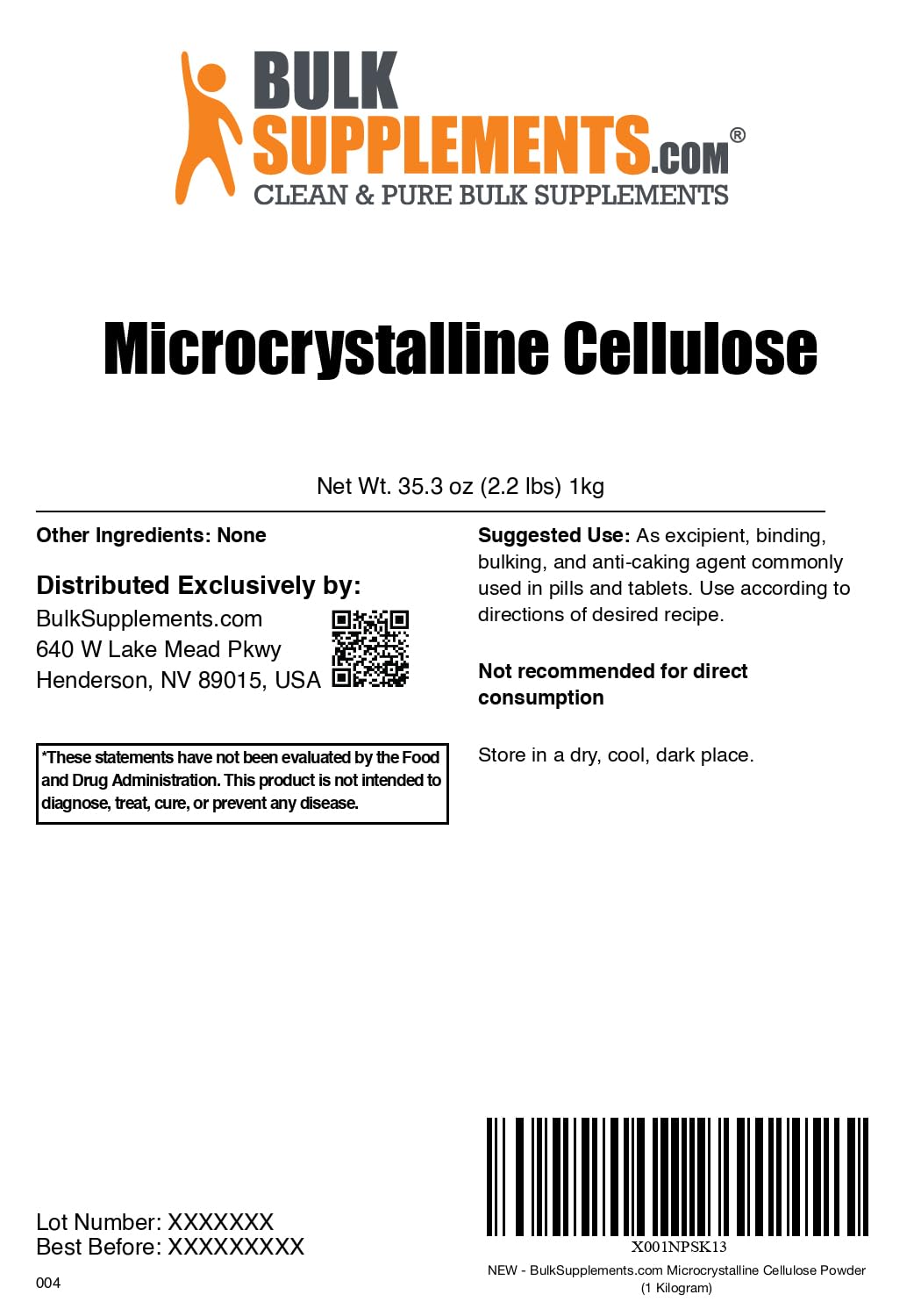 BulkSupplements.com Microcrystalline Cellulose Powder - MCC Powder, Microcrystalline Cellulose Food Grade - Excipient, Binder, & Anti-Caking Agent, 1kg (2.2 lbs) (Pack of 1)
