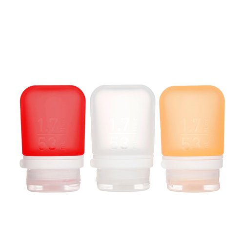 humangear GoToob+ Refillable Silicone Travel Size Bottles with Locking Cap, 3pk Set, Clear/Red/Orange, Small (1.7 fl.oz; 53ml)