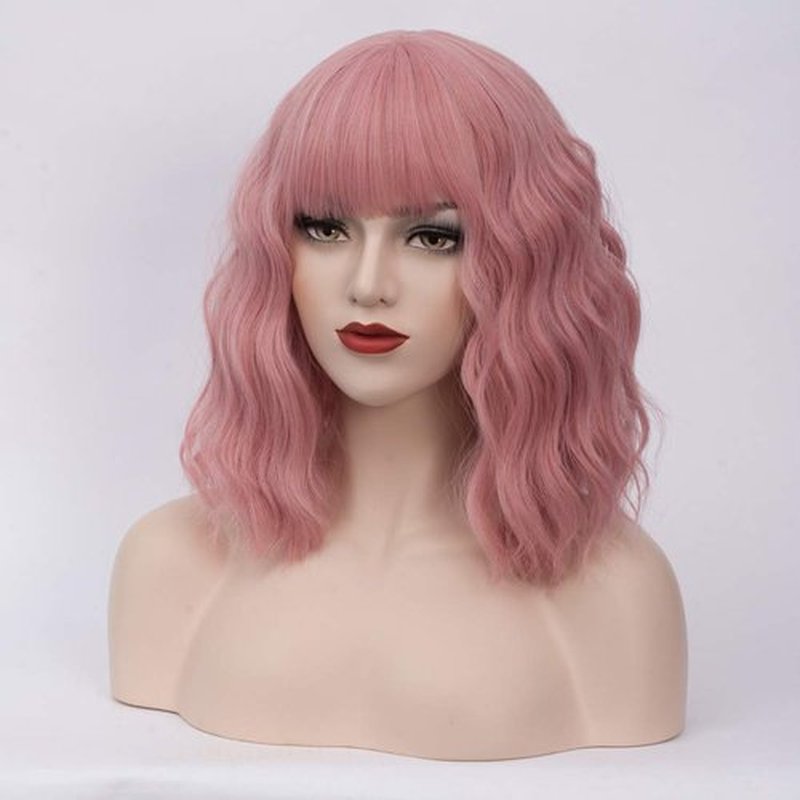 BUFASHION 14" Women Short Wavy Curly Wig Light Pink Bob Wig Cosplay Halloween Synthetic Wigs Wigs With Neat Bang Wig With Free Wig Cap (Light Pink 1)